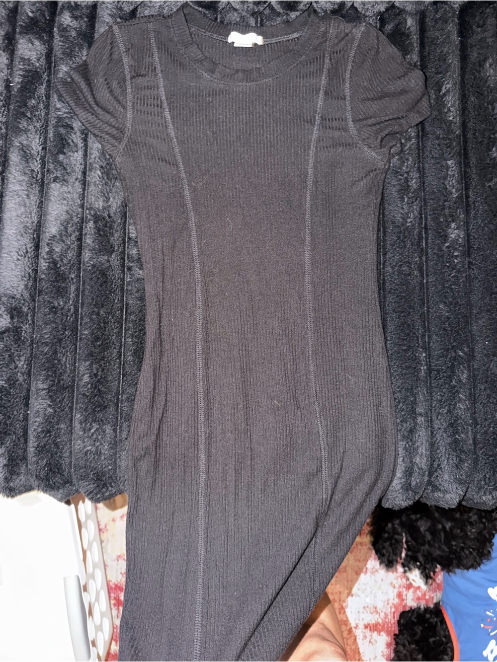 Black Ribbed Short-Sleeve Knit Dress